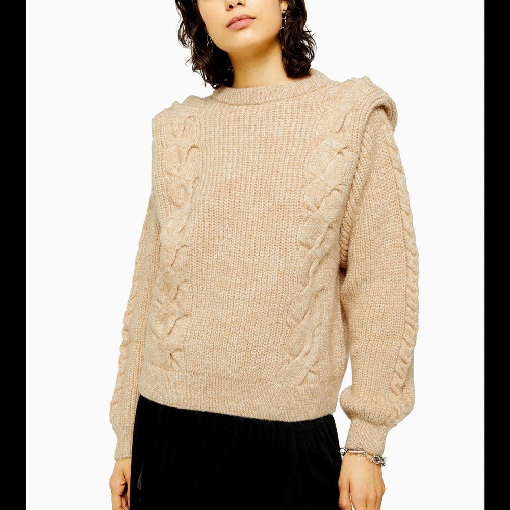 Topshop Idol Bold Shoulder Cable Knit Jumper size medium beige